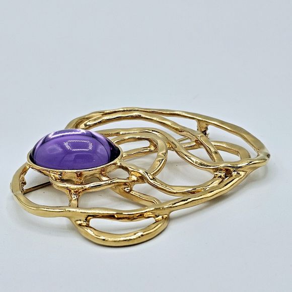 Avon Purple Cabochon Brooch Vintage Lucite Gold Tone Web Jumbo Statement Pin 3" - Picture 3 of 11